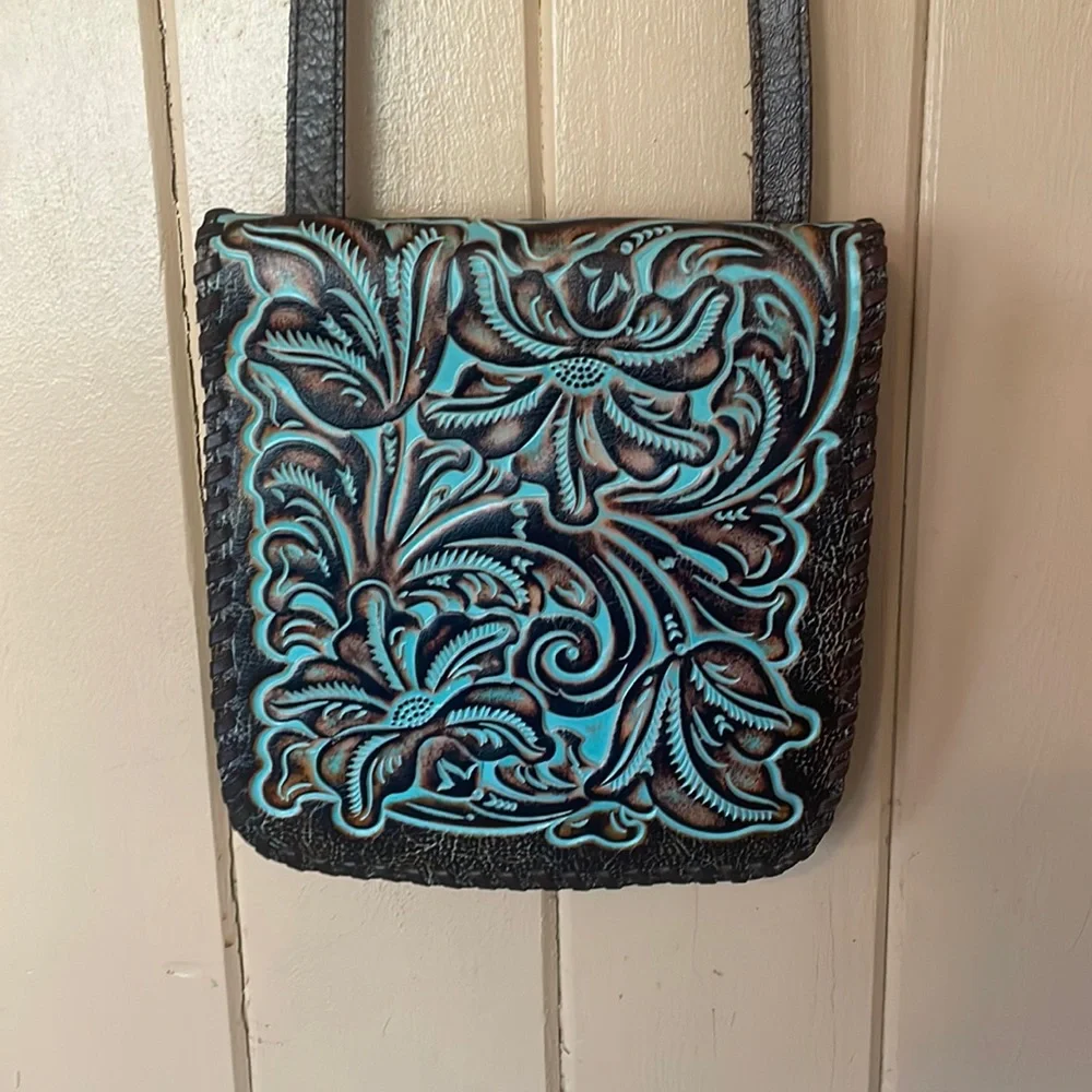 Patricia Nash Granada Tooled Leather Crossbody Antique Brown Turquoise - Picture 3 of 8